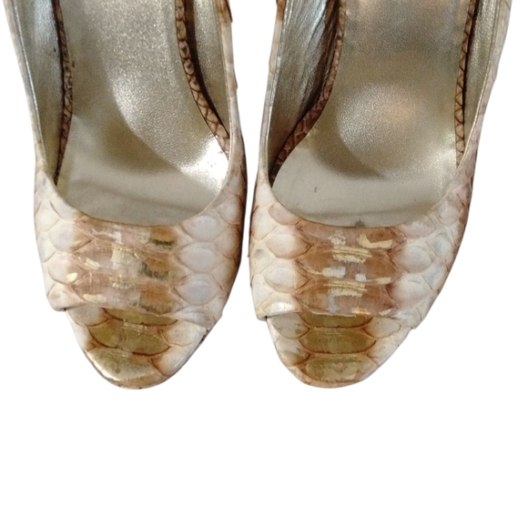 Loriblu Snake Leather Platform Heels Brown And Cream Embossed Peep Toe Pumps 7 - Picture 3 of 11